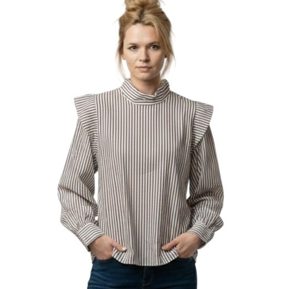 Everlane Blouse‎ Women 12 Brown White Striped Ruffle Shoulder Mock Neck Cotton